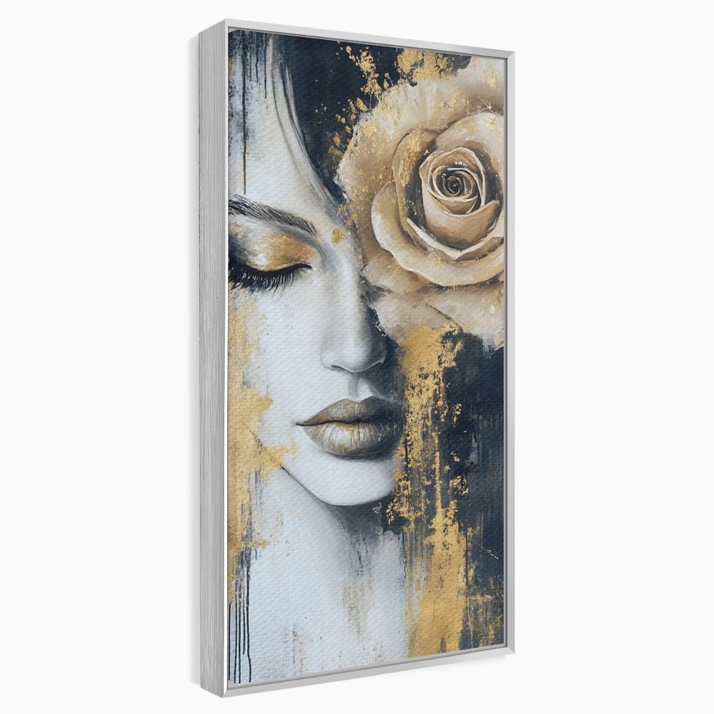 Tablou canvas cu tablou canvas portret feminin cu trandafir auriu, in rama de aluminiu argintiu